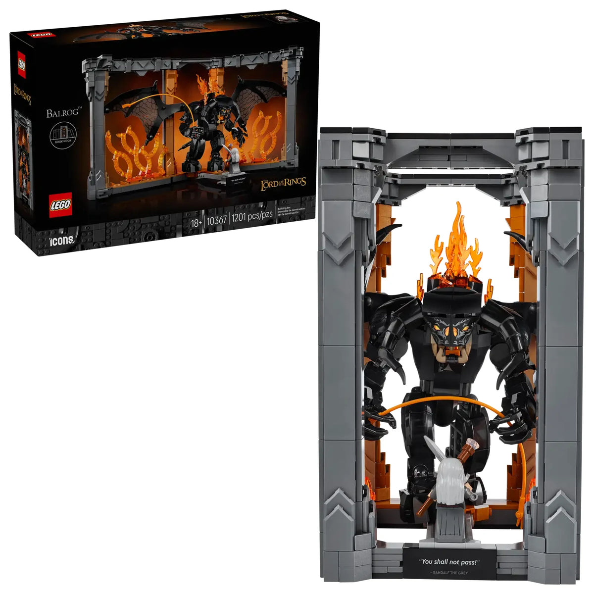 Caja del set LEGO 10367 Icons Rincón entre Libros: Balrog™, con escena montada y figura articulada del Balrog.