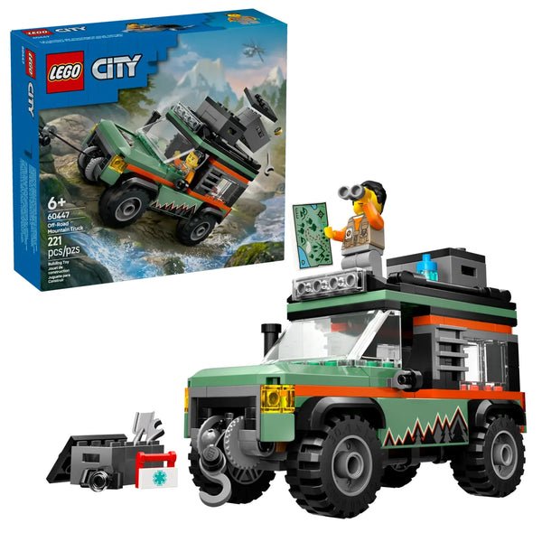 LEGO City 60447 Todoterreno 4x4 de Montaña completamente montado mostrando el vehículo con cabrestante funcional, cofres de techo, neumáticos todoterreno robustos y minifigura de aventurero con todos los accesorios de exploración
