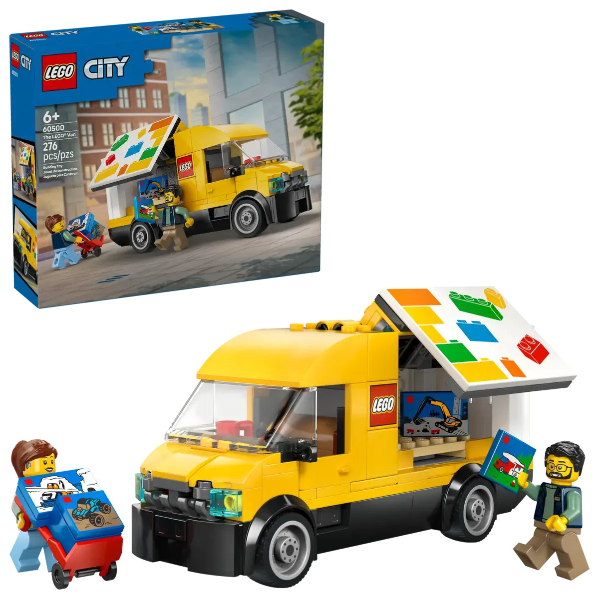Set completo camión LEGO amarillo con logo rojo y cajas miniatura
