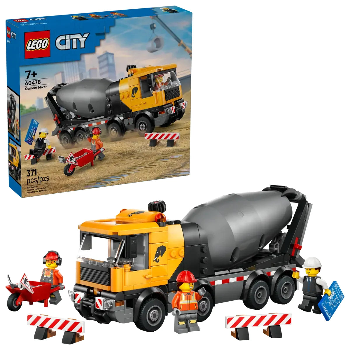 Set completo LEGO City hormigonera carretilla barreras señal y trabajadores
