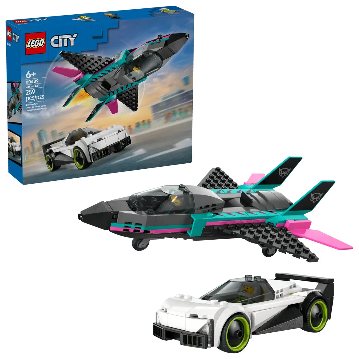 Set LEGO City jet y coche juntos con 2 minifiguras pilotos carreras
