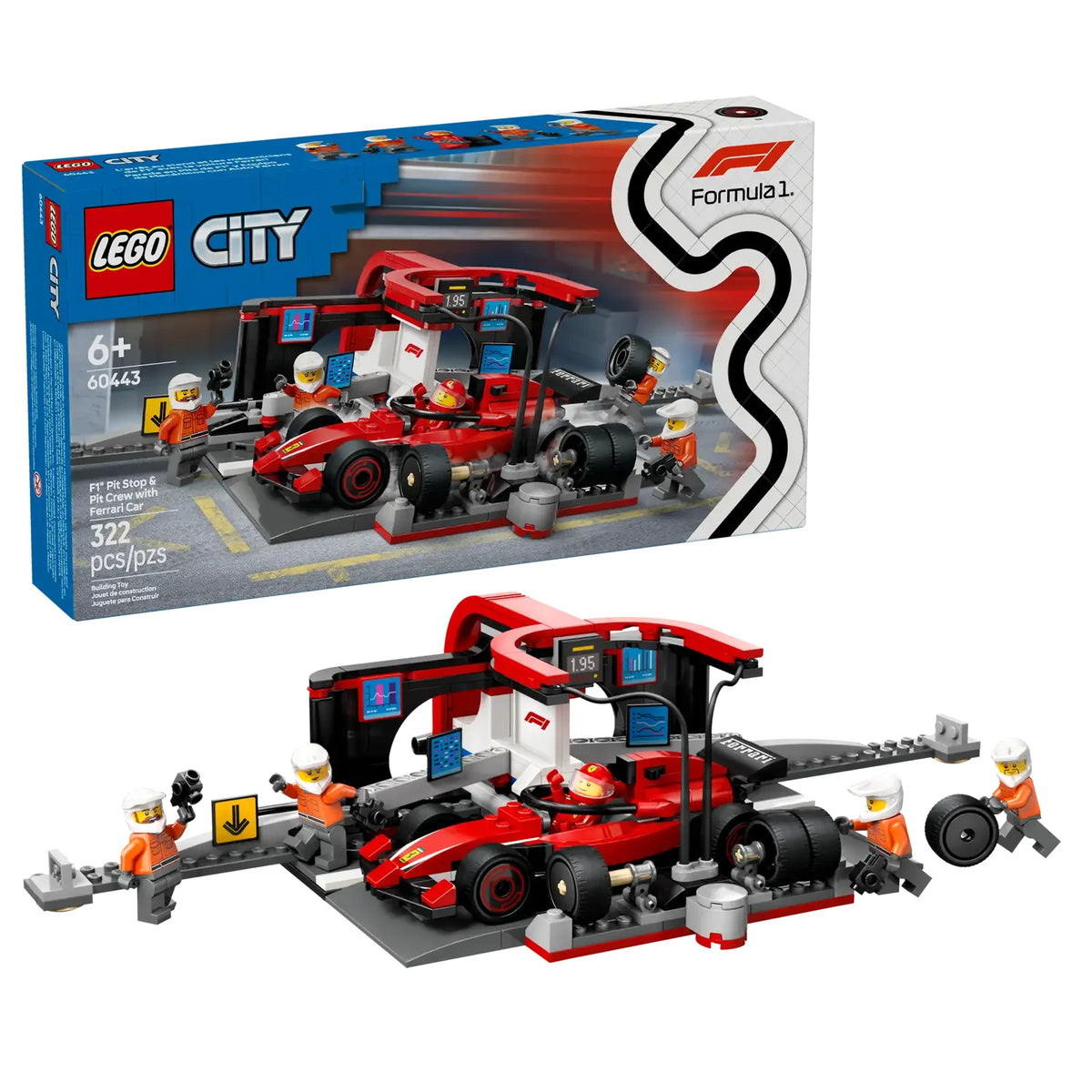 LEGO City F1 60443 - Caja original del set de 322 piezas con parada en boxes Ferrari, coche de carreras y equipo de mecánicos para niños +6 años
