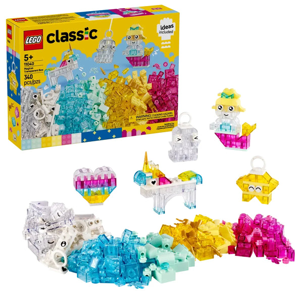Set completo LEGO 11040 con piezas translúcidas organizadas y modelos mágicos construidos
