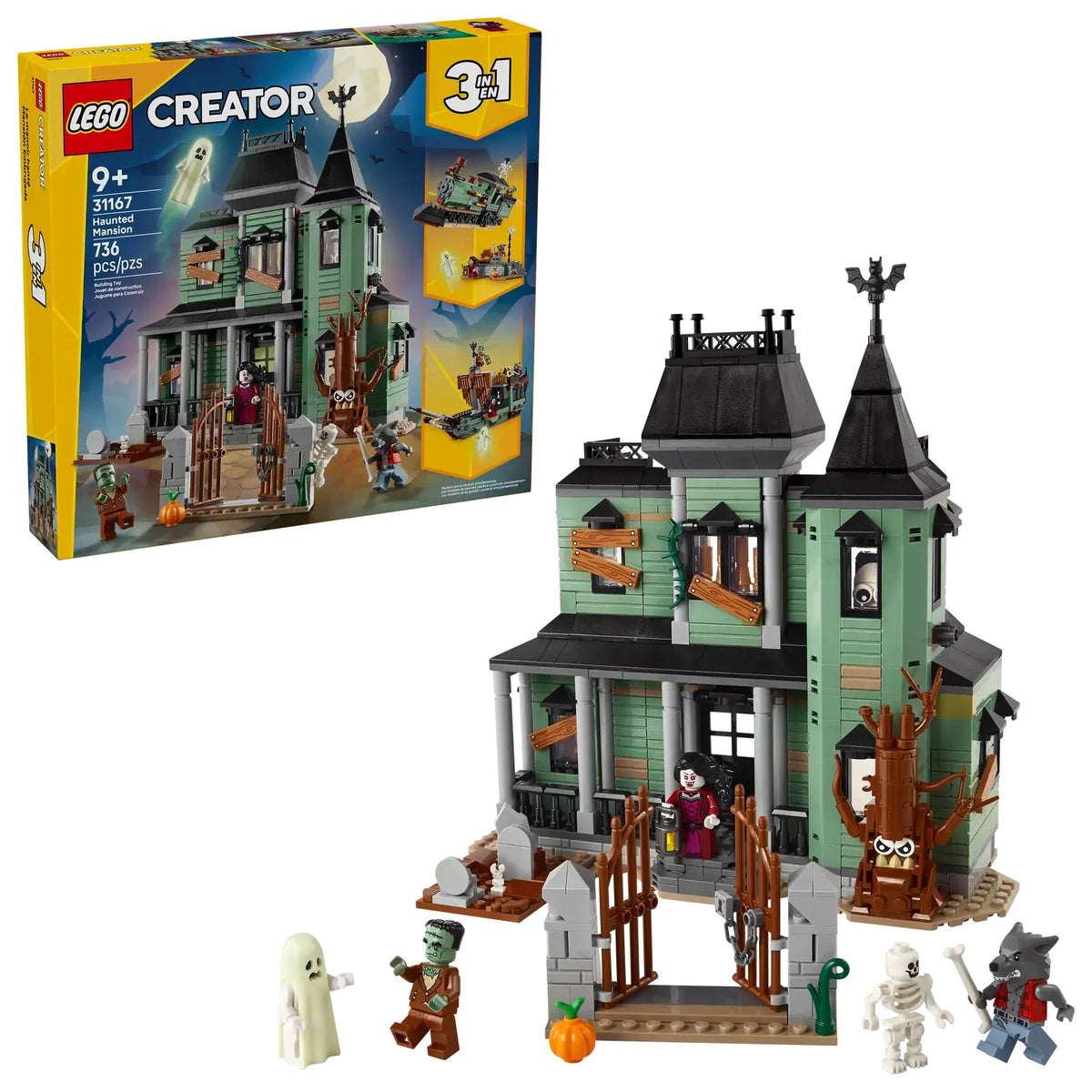 LEGO Creator 3en1 Mansión Encantada 31167 - Set completo de 736 piezas con casa encantada de 2 plantas, cementerio, árbol terrorífico y 5 minifiguras

