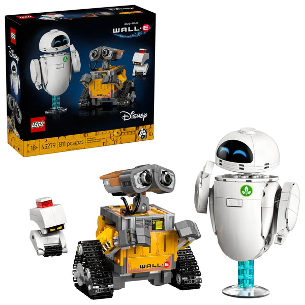 LEGO Disney Pixar WALL-E y EVE set 43279 mostrando los 4 personajes construidos: WALL-E con orugas, EVE blanca flotante, M-O pequeño y Hal, con planta en bota incluida
