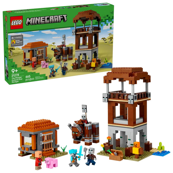 Set LEGO Minecraft El Puesto de Avanzada 21278 con torre de vigilancia, casa y Devastador articulado