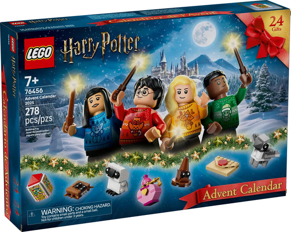 LEGO Harry Potter Calendario de Adviento 2025 76456 caja mostrando Harry, Cho Chang, Draco, Luna con jerséis navideños y 24 sorpresas mágicas de Hogwarts
