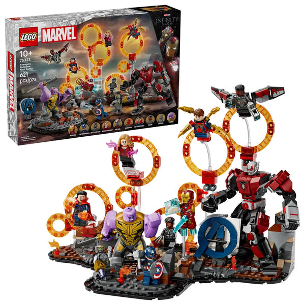 Set LEGO 76323 Endgame mostrando Iron Man, Capitán América, Thor y Thanos con Guantelete del Infinito
