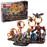 Set LEGO 76323 Endgame mostrando Iron Man, Capitán América, Thor y Thanos con Guantelete del Infinito
