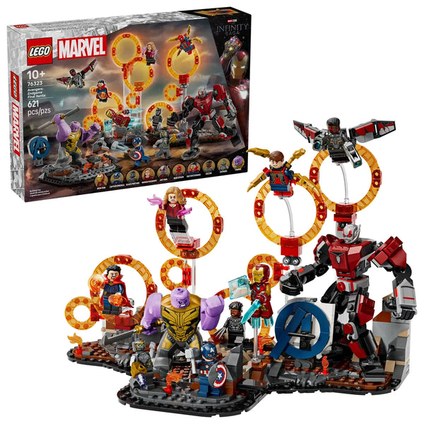 Set LEGO 76323 Endgame mostrando Iron Man, Capitán América, Thor y Thanos con Guantelete del Infinito
