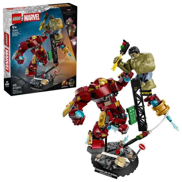Set completo LEGO Marvel 76343 con caja Era Ultrón, Hulkbuster construido, base negra y minifiguras

