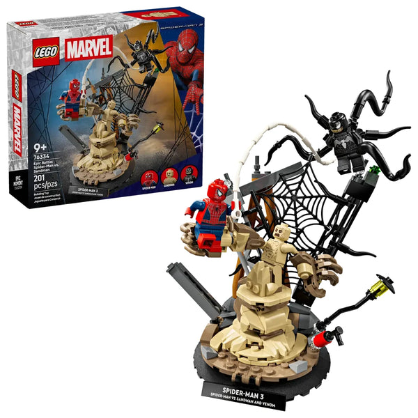 Set completo LEGO Marvel 76334 con caja Spider-Man 3, torre construida, base negra y 3 minifiguras batalla
