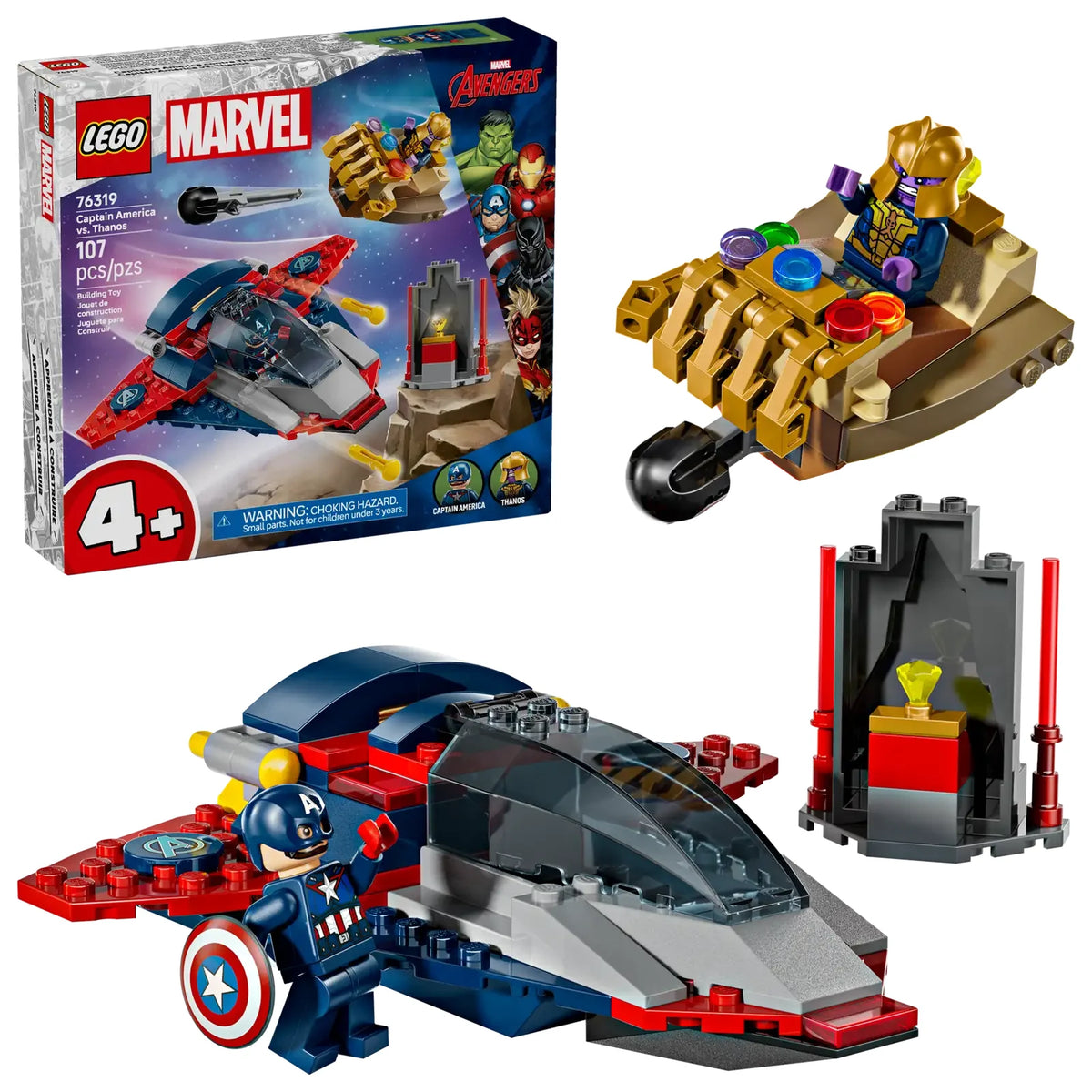 LEGO Marvel Capitán América vs. Thanos 76319 - Set de 107 piezas con Quinjet, nave Guantelete del Infinito y minifiguras de superhéroes
