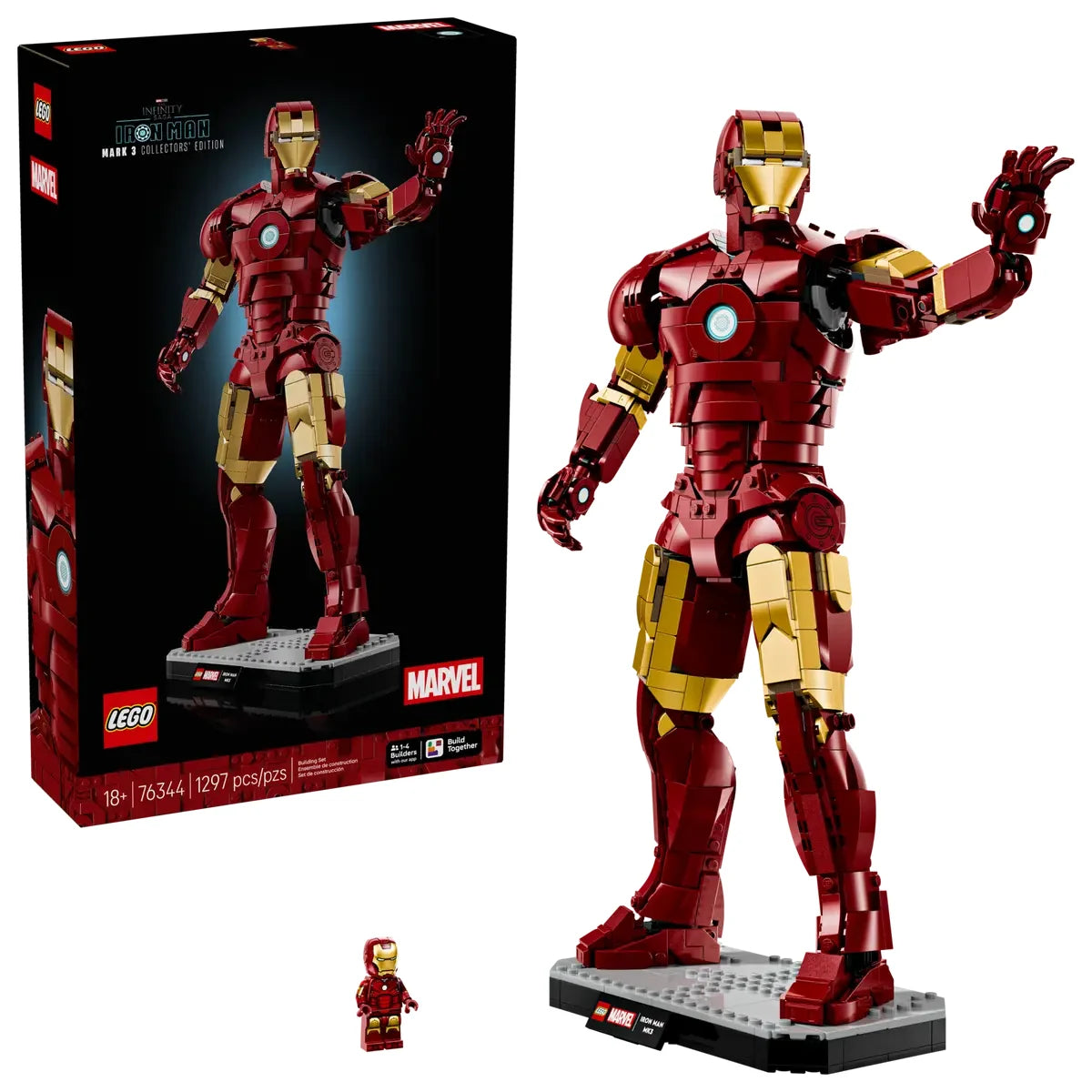 Set completo LEGO Marvel 76344 con caja negra, Iron Man 38cm construido, base gris y minifigura

