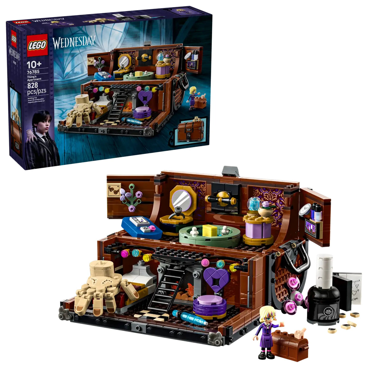 Set LEGO 76785 Apartamento de Cosa abierto revelando el interior detallado con cama, silla, reloj, sombrero y accesorios de Cosa junto a la minifigura de Enid Sinclair
