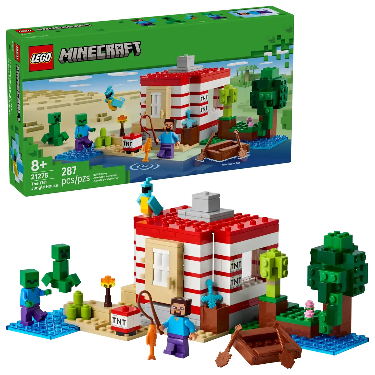 Vista frontal del set LEGO Minecraft 21275 con casa TNT, Steve, zombis y bote en la selva