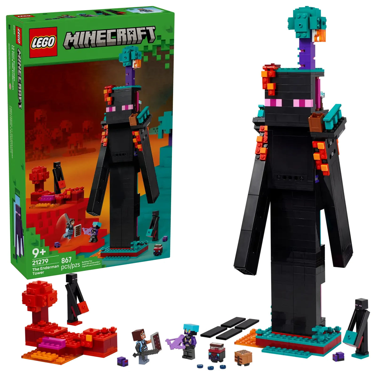 Set LEGO Minecraft 21279 con gran torre del Enderman y figuras del videojuego