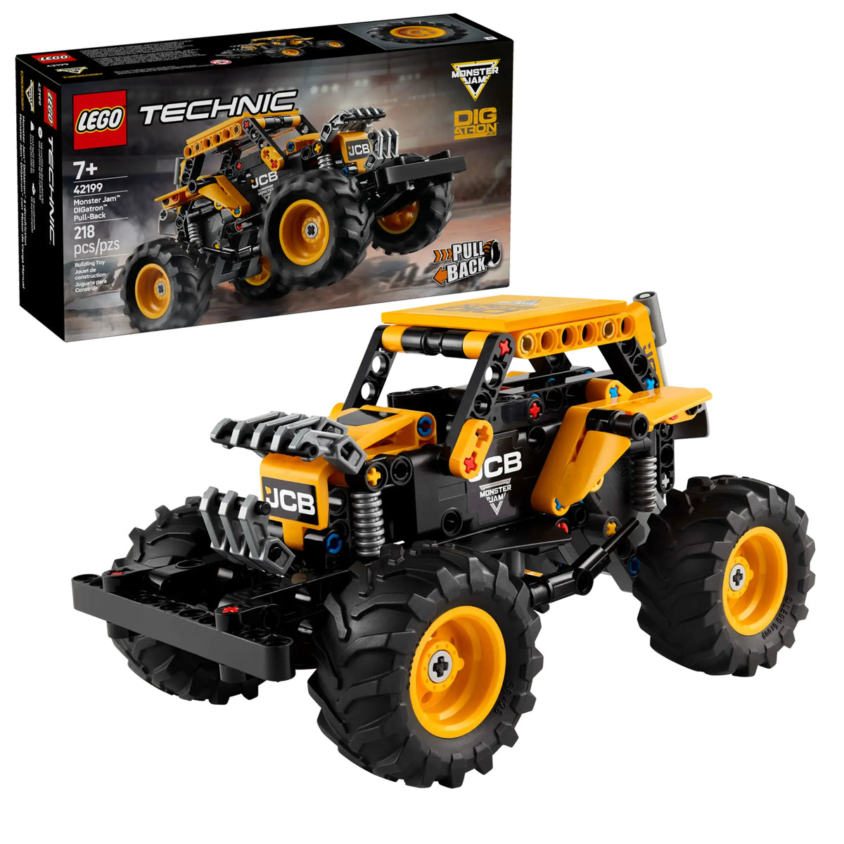LEGO Technic Monster Jam DIGatron 42199 - Vista frontal del camión monstruo con pala excavadora amarilla y neumáticos gigantes sobre fondo blanco
