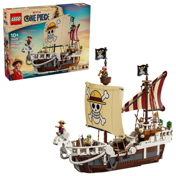 LEGO ONE PIECE Barco Pirata Going Merry 75639 caja mostrando carabela completa con mascarón de carnero, mástiles, velas y 5 minifiguras de la Banda del Sombrero de Paja
