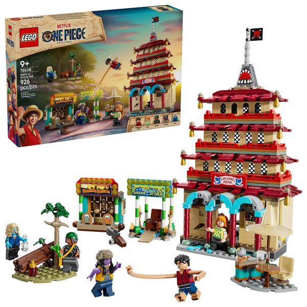 LEGO ONE PIECE Batalla en Arlong Park 75638 caja mostrando pagoda destructible, Luffy con brazos extensibles, Nami, Usopp, Arlong y atracciones interactivas del parque
