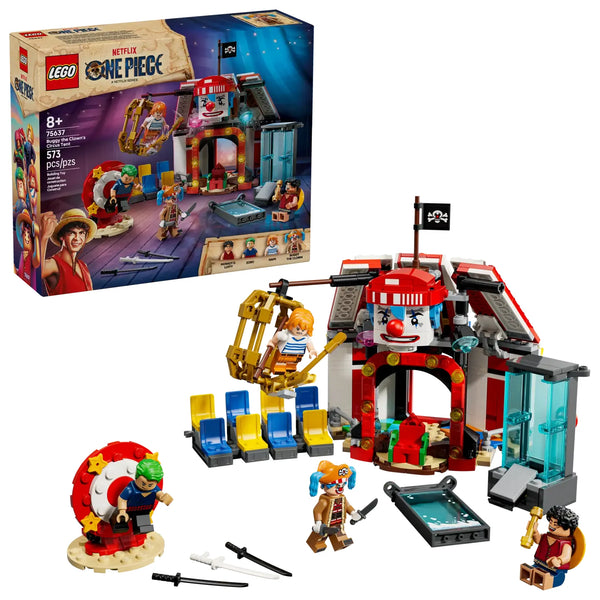 LEGO ONE PIECE set 75637 con caja Netflix y carpa de circo construida mostrando Buggy el Payaso, Luffy, Zoro, Nami en escena circense con trampas y accesorios
