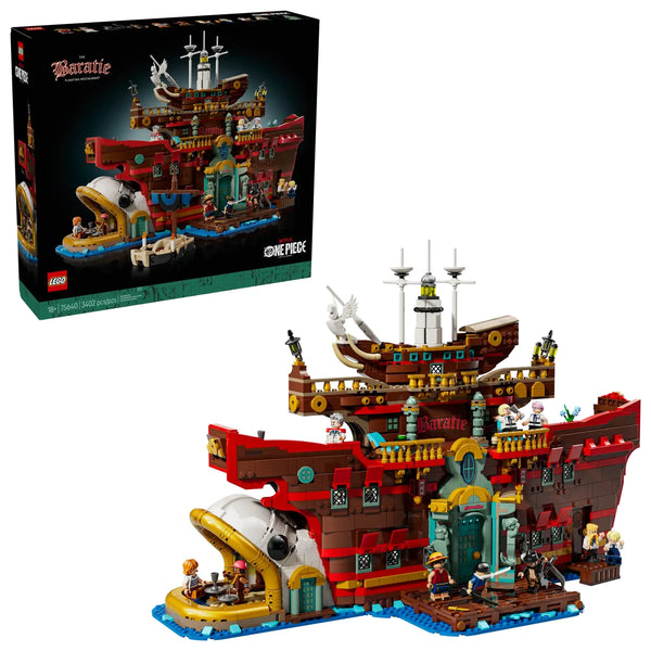 LEGO ONE PIECE Restaurante Flotante Baratie 75640 caja mostrando restaurante en forma de barco con 10 minifiguras incluyendo Luffy, Sanji, Zeff, Mihawk y espacios interiores
