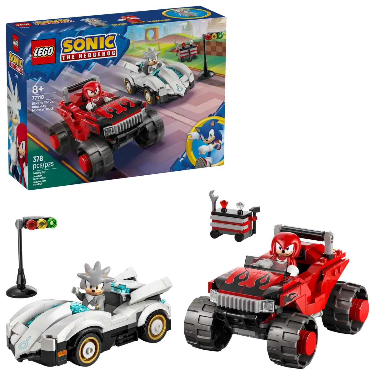 Set completo LEGO Sonic 77118 con caja azul, coche Silver, monster truck Knuckles y Chaos Emeralds
