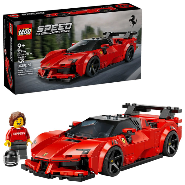 Set LEGO 77254 Ferrari SF90 XX con minifigura piloto traje rojo completo

