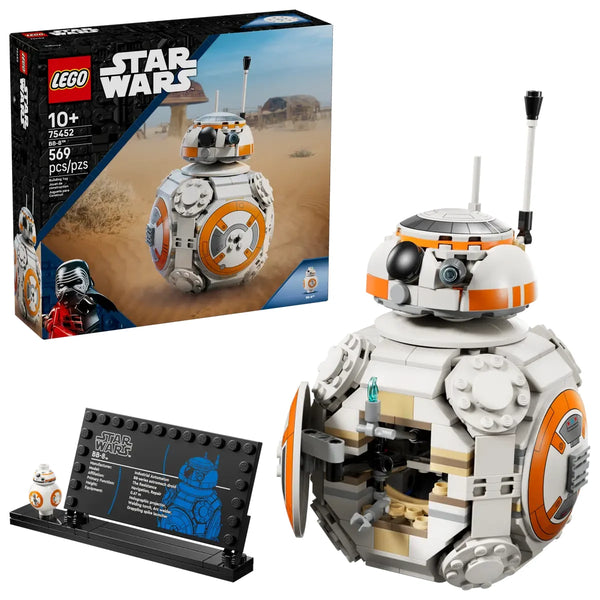 Set completo LEGO Star Wars 75452 con caja, BB-8 construido, minifigura BB-8 y placa informativa negra
