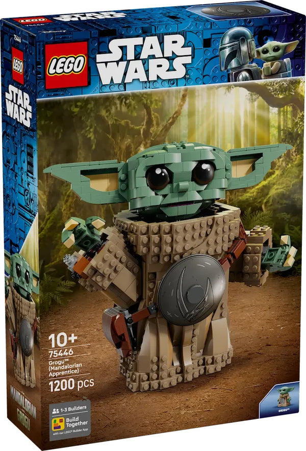 Set LEGO 75446 Grogu Aprendiz de Mandaloriano — caja frontal con figura construible de 1200 piezas con armadura Beskar, fondo escena boscosa