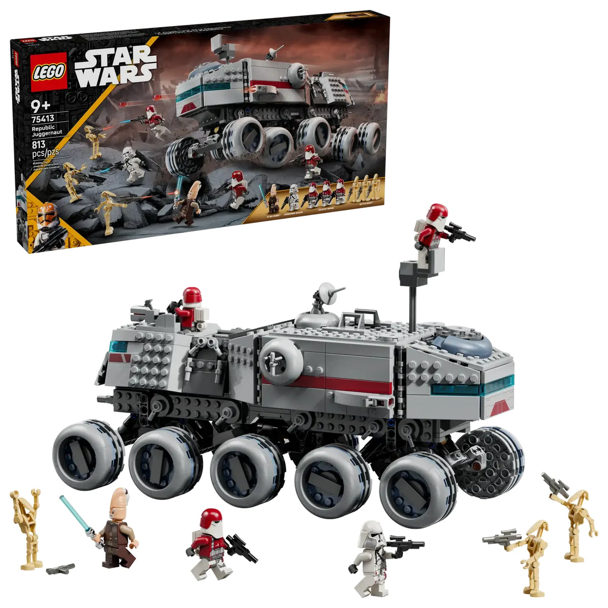LEGO Star Wars Juggernaut de la República 75413 - Vehículo de 813 piezas con 10 ruedas, Ki-Adi-Mundi, Comandante Bacara y marines galácticos
