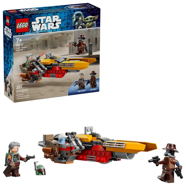Set completo LEGO Star Wars 75437 con caja, speeder construido, dos minifiguras y accesorios Tatooine
