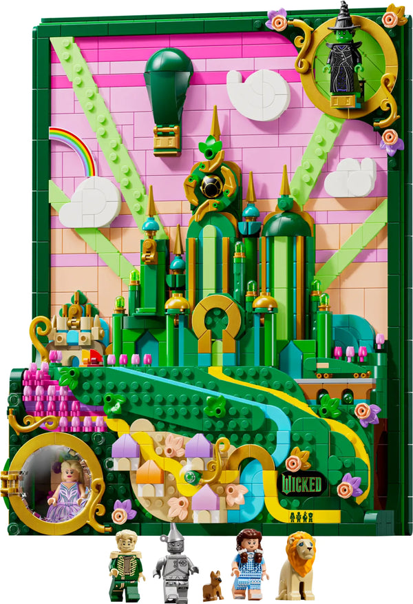 LEGO Wicked Arte Mural Emerald City 75685 mostrando la ciudad esmeralda en colores verde, rosa y amarillo con Elphaba volando y Glinda en su burbuja sobre paisaje 3D de Oz
