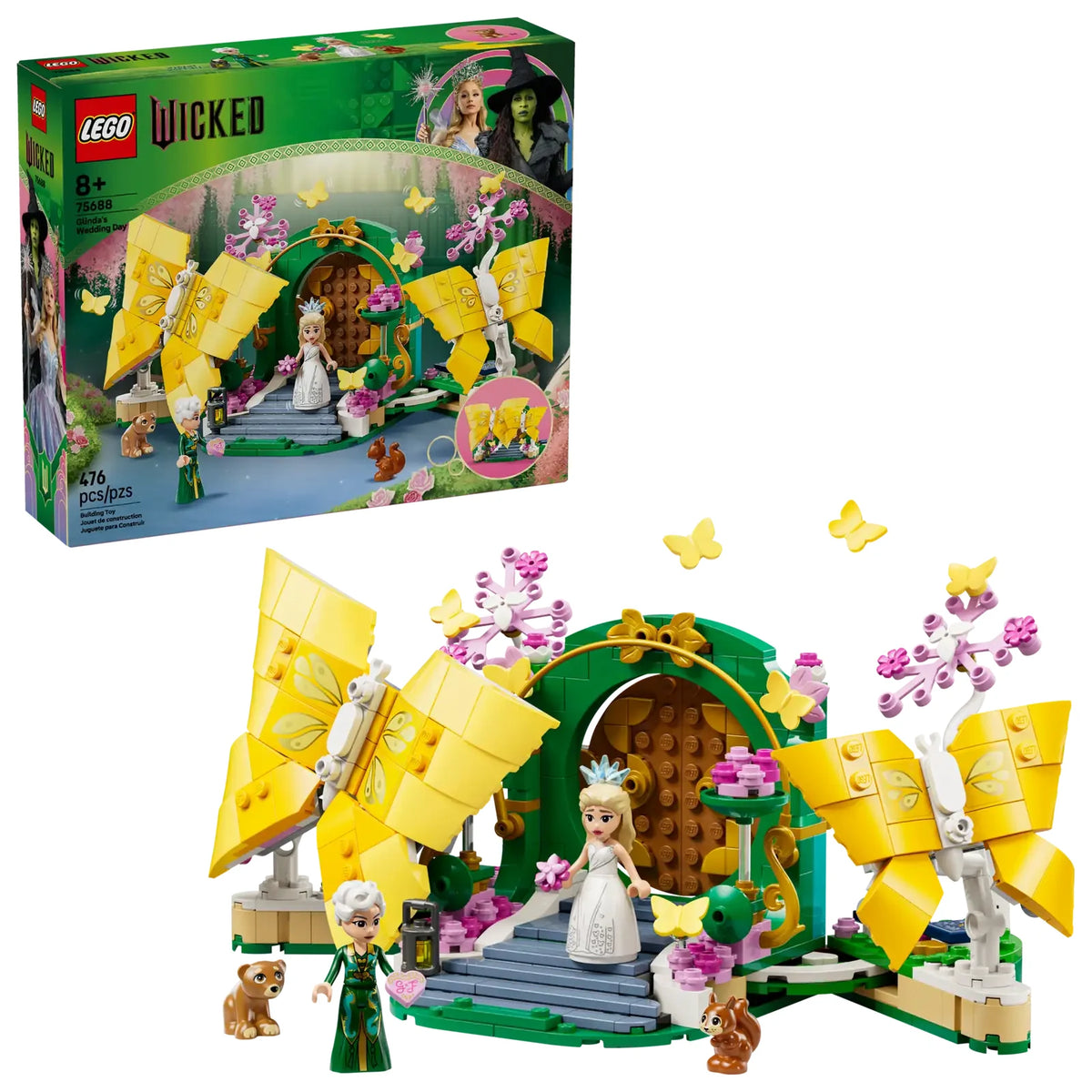 LEGO Wicked Boda de Glinda 75688 con mariposas articuladas cerradas mostrando el diseño decorativo completo del set de 476 piezas para mayores de 8 años
