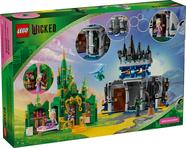 LEGO Wicked Emerald City y Castillo de Kiamo Ko 75689 mostrando ambas construcciones con minifiguras de Glinda y Elphaba, mono volador y arcoíris construible sobre fondo blanco

