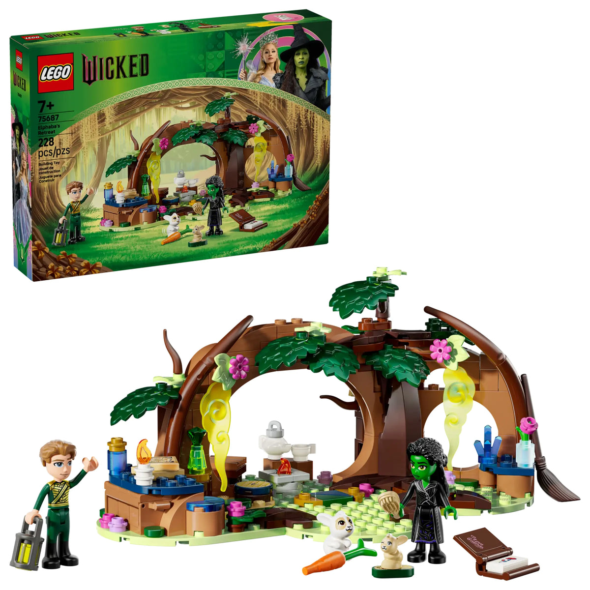 LEGO Wicked Guarida de Elphaba 75687 mostrando refugio del bosque construible con chimenea, escritorio, elementos florales y follaje, minifiguras de Elphaba y Fiyero con conejos del bosque
