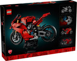 Parte trasera de la caja LEGO Technic Ducati Panigale V4 S 42202 mostrando características técnicas, dimensiones del modelo (30x43x15 cm), funciones mecánicas y detalles de construcción del set de 1603 piezas para adultos
