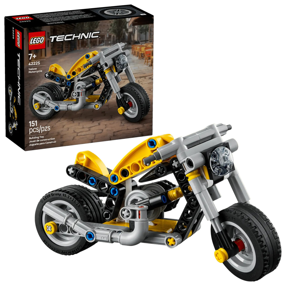 Moto Amarilla LEGO Technic 42225 con dirección funcional y motor de 3 pistones vista completa
