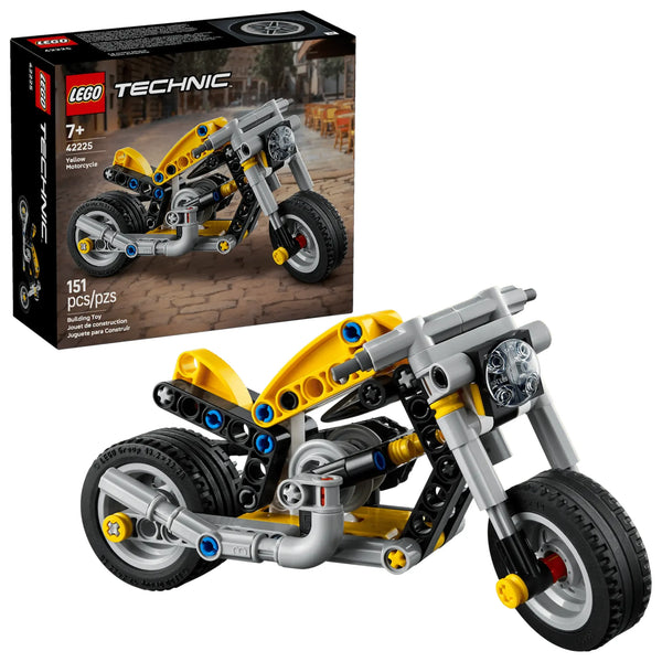 Moto Amarilla LEGO Technic 42225 con dirección funcional y motor de 3 pistones vista completa

