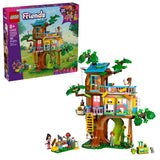 Packaging completo del LEGO Friends 42652 Quedada en la Casa del Árbol de la Amistad mostrando la caja y el modelo construido de 31 cm de altura con 701 piezas. Incluye 4 minipersonajes (Liann, Autumn, Leo, Zac), perro Pickle, mapache, escalera retráctil, tobogán y ascensor canino. Para niños a partir de 8 años.
