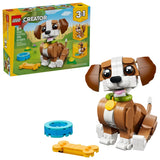 Caja trasera LEGO Creator Cachorro Juguetón mostrando los 3 animales