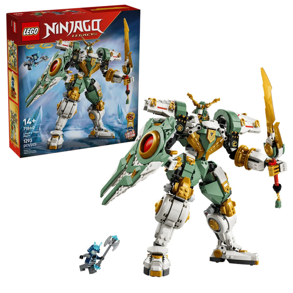 Caja y set LEGO NINJAGO 71860 robot Lloyd minifigura Maestro Hielo base

