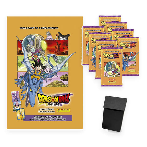 Pack Panini Dragon Ball Daima: Megapack de lanzamiento con archivador, 8 sobres sueltos y deck box negra