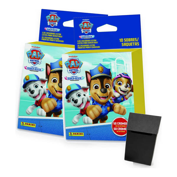 Pack recarga Panini Paw Patrol 12 Search & Rescue: 2 ecoblísteres de 10 sobres (20 sobres en total) y deck box rígida negra, sin álbum