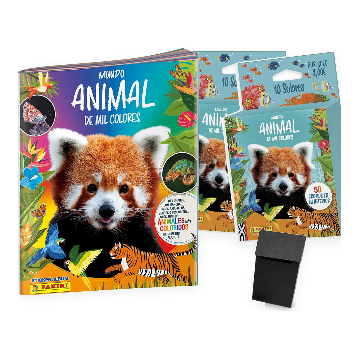 Pack Panini Mundo Animal de Mil Colores: álbum, 2 ecoblísteres de 10 sobres y deck box negra