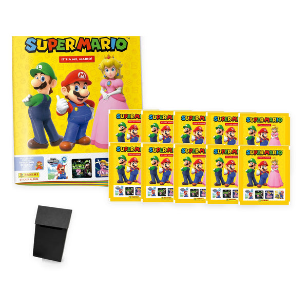 Pack Álbum + 10 Sobres Panini Super Mario «It's-a Me, Mario!» 2026 + Deck Box: álbum, 10 sobres y deck box negra