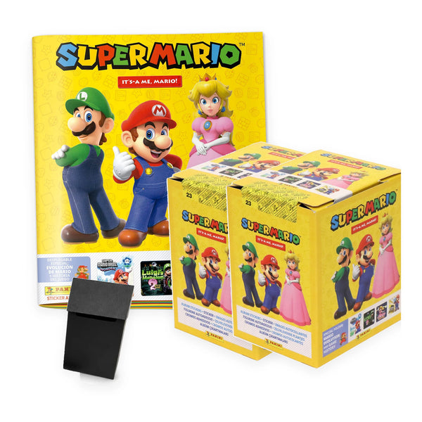 Pack Álbum + 100 Sobres Panini Super Mario «It's-a Me, Mario!» 2026 + Deck Box: álbum, dos cajas de 50 sobres precintadas y deck box negra