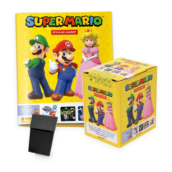 Pack Álbum + 50 Sobres Panini Super Mario «It's-a Me, Mario!» 2026 + Deck Box: álbum, una caja de 50 sobres precintada y deck box negra