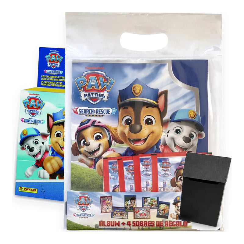 Pack Panini Paw Patrol 12 Search & Rescue: álbum con 4 sobres de regalo, ecoblíster de 10 sobres y deck box rígida negra