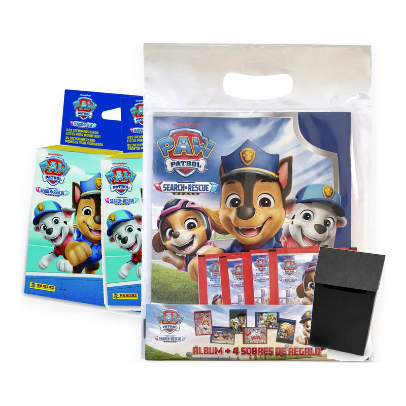 Pack Panini Paw Patrol 12 Search & Rescue: álbum con 4 sobres de regalo, 2 ecoblísteres de 10 sobres y deck box rígida negra